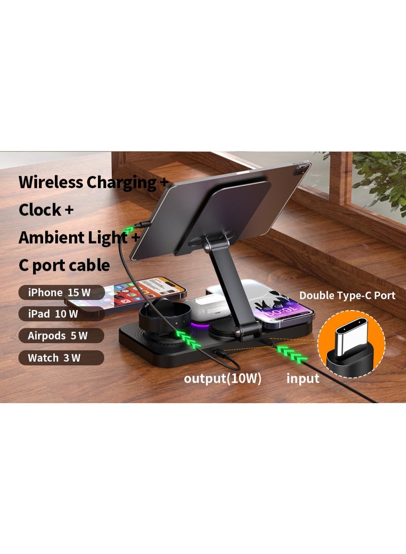 LBMT شاحن لاسلكي 6 في 1 لجهاز آبل، محطة شحن قابلة للطي مع شاشة ساعة وإضاءة محيطية بـ 7 ألوان، شاحن حامل لاسلكي لسلسلة iWatch/iPhone 16/15/14/AirPods 4/3 (أسود) - Image 3
